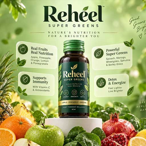 Reheel Super Greens juice bottle with fruits and nutrition callouts