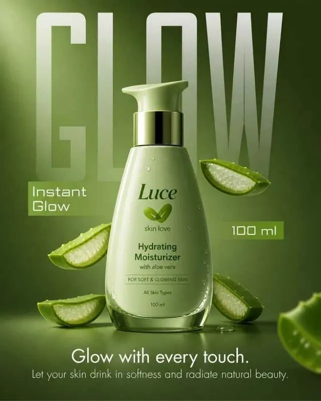 Luce aloe vera hydrating moisturizer product poster, "Glow with every touch"