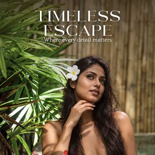 Timeless Escape resort campaign portrait among tropical plants