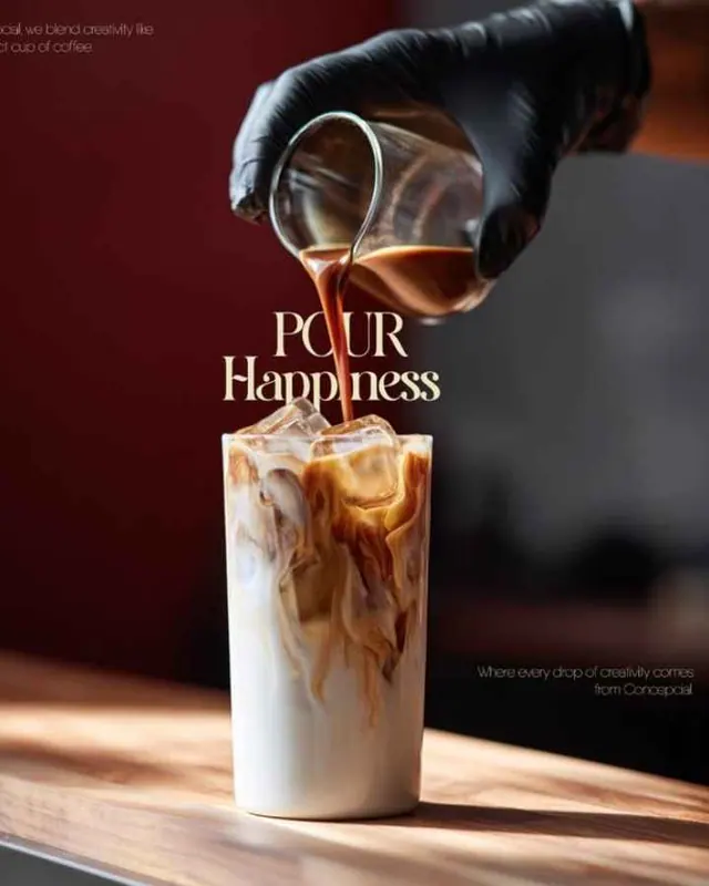 Iced coffee pour poster with the headline "Pour Happiness"